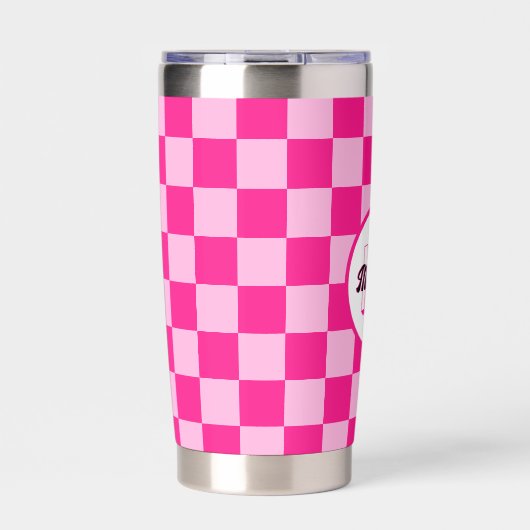 Geruite vierkanten licht roze retro Monogram Geïsoleerde Drinkbeker (Voorkant)
