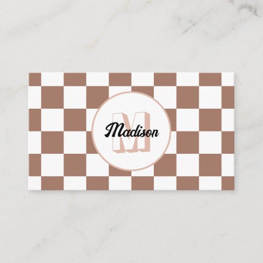 Geruite vierkanten mokka bruin wit retro Monogram Visitekaartje (Voorkant)