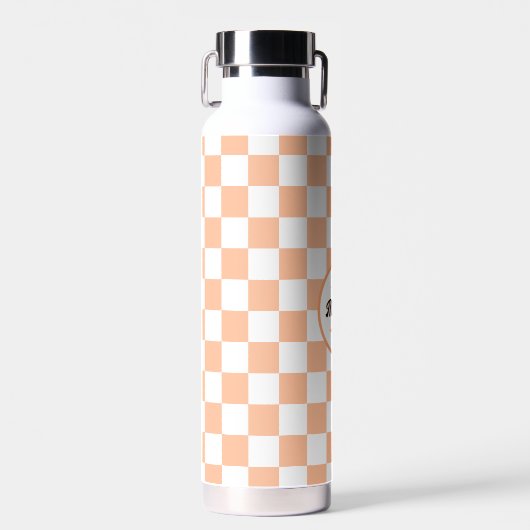 Geruite vierkanten perzik en witte retro Monogram Waterfles (Voorkant)