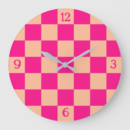 Geruite vierkanten perzik heet roze geometrische r grote klok (Voorkant)