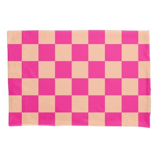 Geruite vierkanten perzik heet roze geometrische r kussensloop (Voorkant)