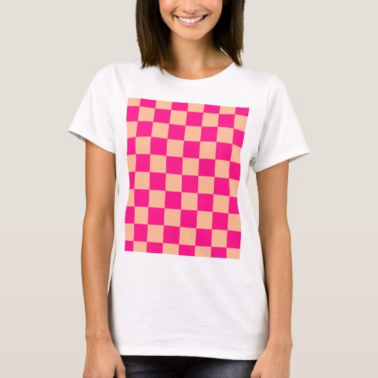 Geruite vierkanten perzik heet roze geometrische r t-shirt (Voorkant)