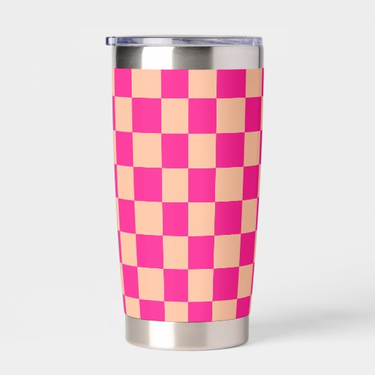 Geruite vierkanten perzik heet roze retro Monogram Geïsoleerde Drinkbeker (Rechts)