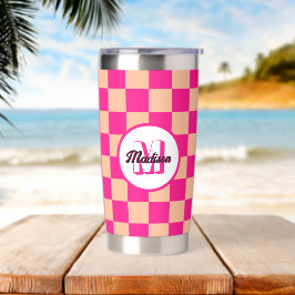 Geruite vierkanten perzik heet roze retro Monogram Geïsoleerde Drinkbeker