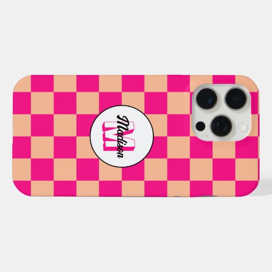 Geruite vierkanten perzik heet roze retro Monogram iPhone Hoesje (Achterkant horizontaal)