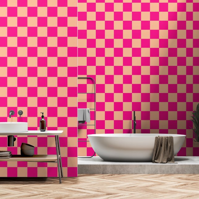 Geruite vierkanten perzik hete roze geometrische r behang (Badkamer)