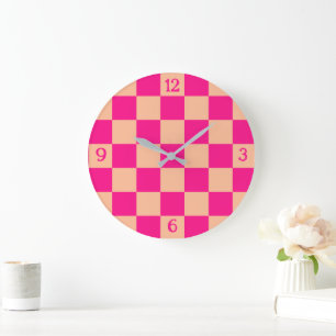 Geruite vierkanten perzik hete roze geometrische r grote klok