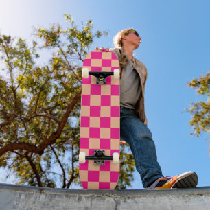Geruite vierkanten perzik hete roze geometrische r persoonlijk skateboard