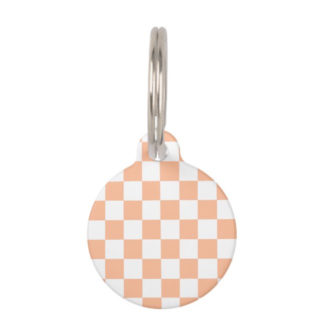 Geruite vierkanten perzik oranje witte geometrisch huisdierpenning (Voorkant)