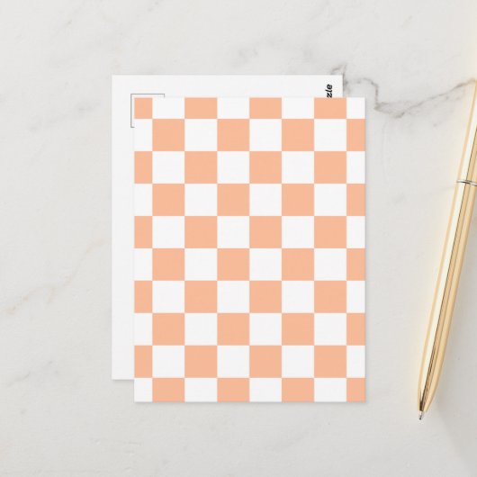 Geruite vierkanten perzik sinaasappel wit geometri briefkaart (Voorkant / Achterkant in situ)