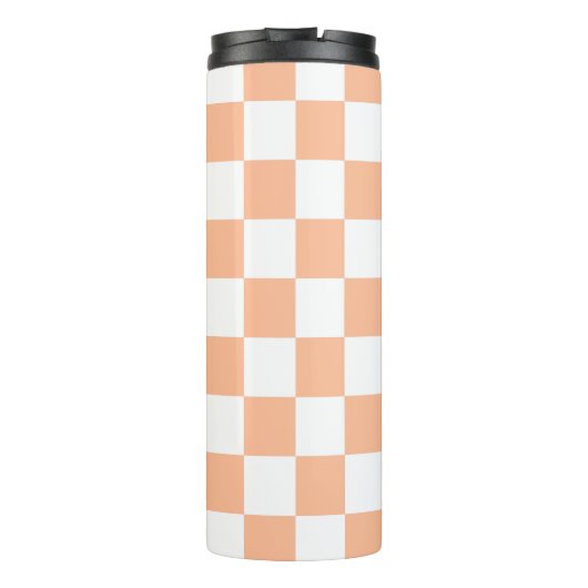 Geruite vierkanten perzik sinaasappel wit geometri thermosbeker (Achterkant)
