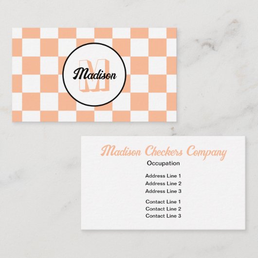 Geruite vierkanten perzik wit retro Monogram Visitekaartje (Voorkant / Achterkant)
