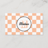 Geruite vierkanten perzik wit retro Monogram Visitekaartje (Voorkant)