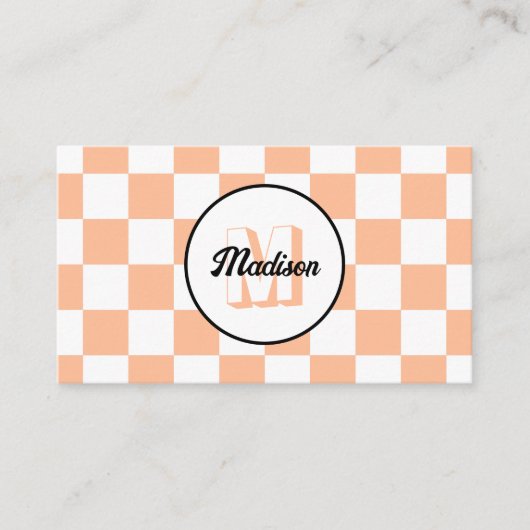 Geruite vierkanten perzik wit retro Monogram Visitekaartje (Voorkant)