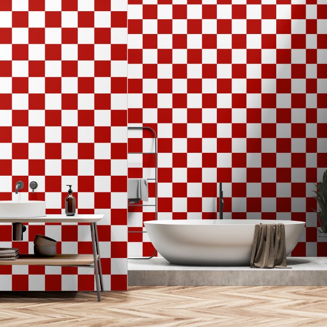 Geruite vierkanten rood wit geometrisch retro behang (Badkamer)