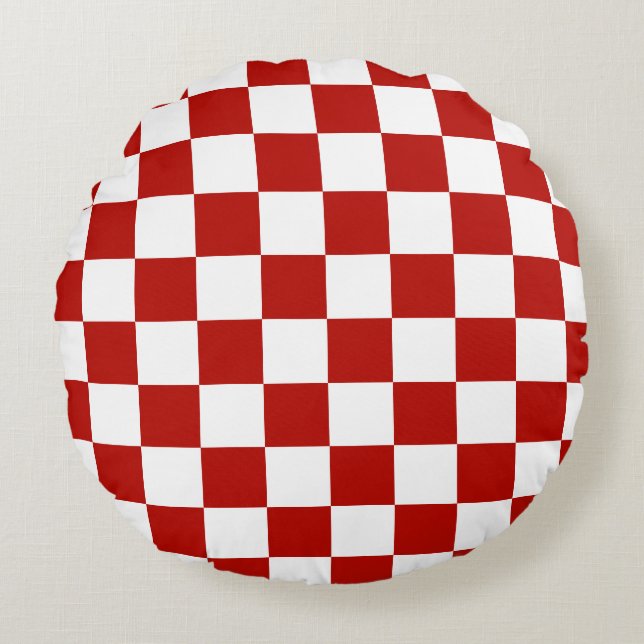 Geruite vierkanten rood wit geometrisch retro rond kussen (Voorkant)