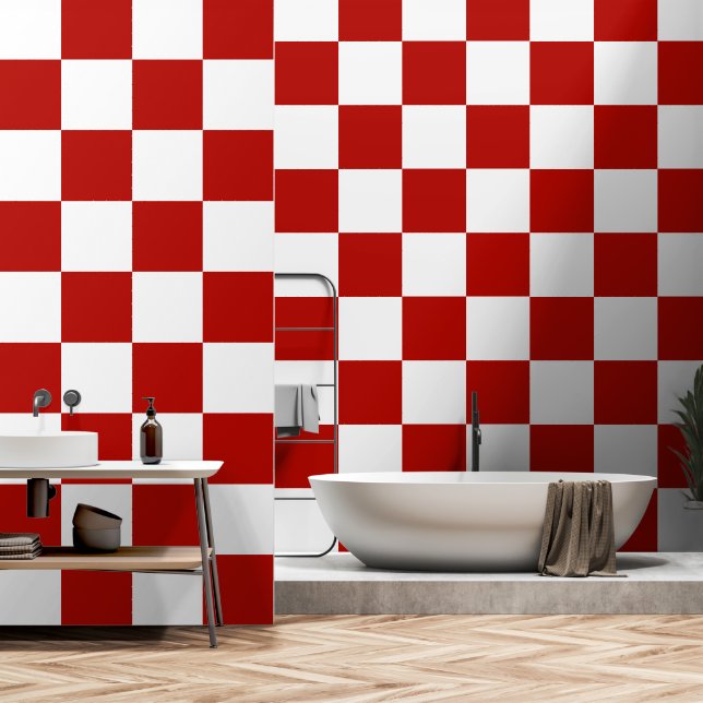 Geruite vierkanten rood wit geometrische retro behang (Badkamer)