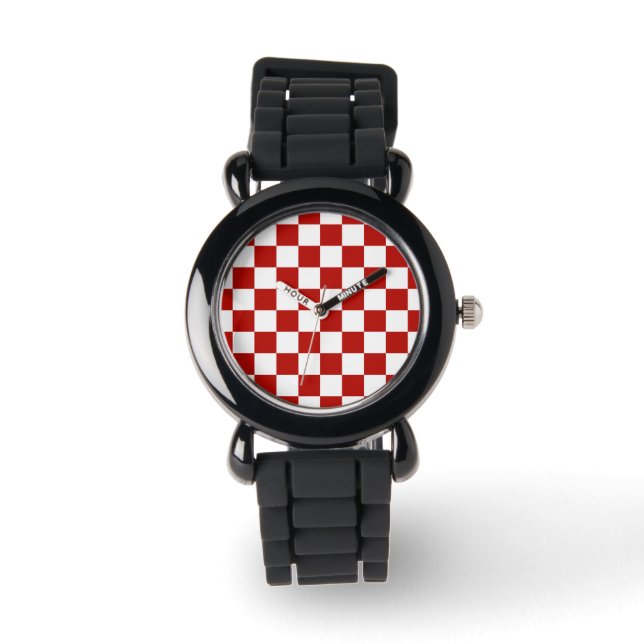 Geruite vierkanten rood wit geometrische retro horloge (Voorkant)