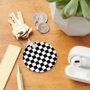 Geruite vierkanten zwart en wit geometrisch retro sleutelhanger