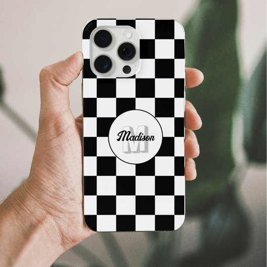 Geruite vierkanten zwart en wit retro monogram iPhone hoesje