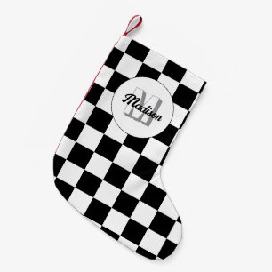 Geruite vierkanten zwart en wit retro monogram kleine kerstsok