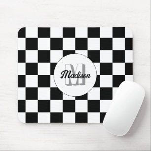 Geruite vierkanten Zwart en Wit retro monogram Muismat