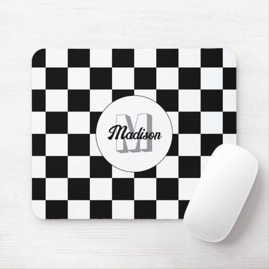 Geruite vierkanten Zwart en Wit retro monogram Muismat (Met muis)