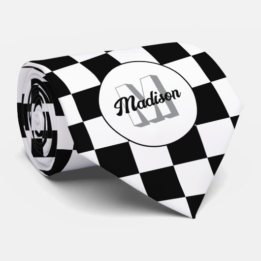 Geruite vierkanten zwart en wit retro Monogram Stropdas (Opgerold)