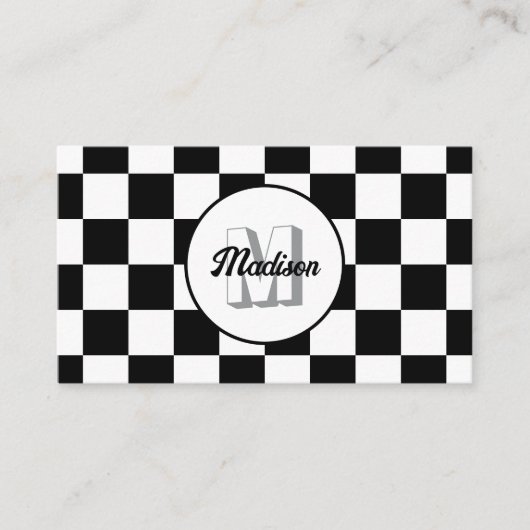Geruite vierkanten zwart en wit retro monogram visitekaartje (Voorkant)