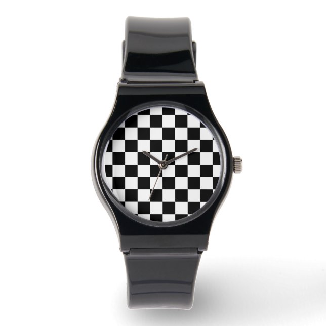 Geruite vierkanten zwart-wit geometrische retro horloge (Voorkant)