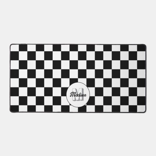 Geruite vierkanten zwart-wit retro monogram bureaumat (Voorkant)