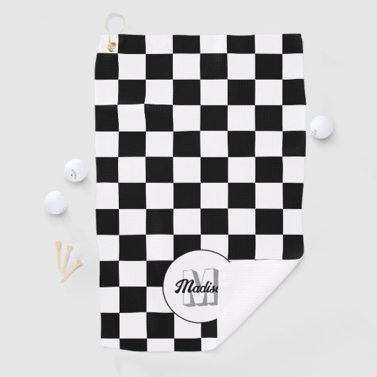 Geruite vierkanten zwart-wit retro Monogram Golfhanddoek (Insitu)