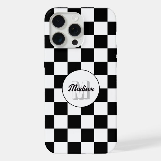 Geruite vierkanten zwart-wit retro Monogram iPhone Hoesje (Achterkant)