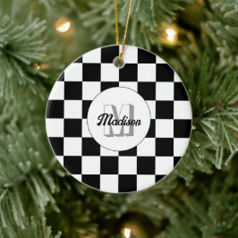 Geruite vierkanten zwart-wit retro Monogram Keramisch Ornament