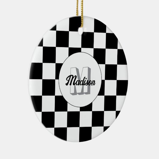 Geruite vierkanten zwart-wit retro Monogram Keramisch Ornament (Rechts)