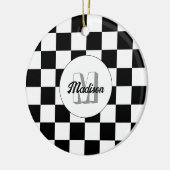 Geruite vierkanten zwart-wit retro Monogram Keramisch Ornament (Links)