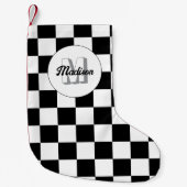 Geruite vierkanten zwart-wit retro Monogram Kleine Kerstsok (Voorkant)