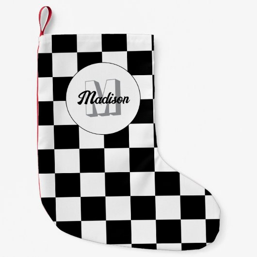 Geruite vierkanten zwart-wit retro Monogram Kleine Kerstsok (Voorkant)