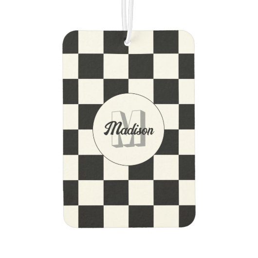 Geruite vierkanten zwart-wit retro Monogram Luchtverfrisser (Achterkant)