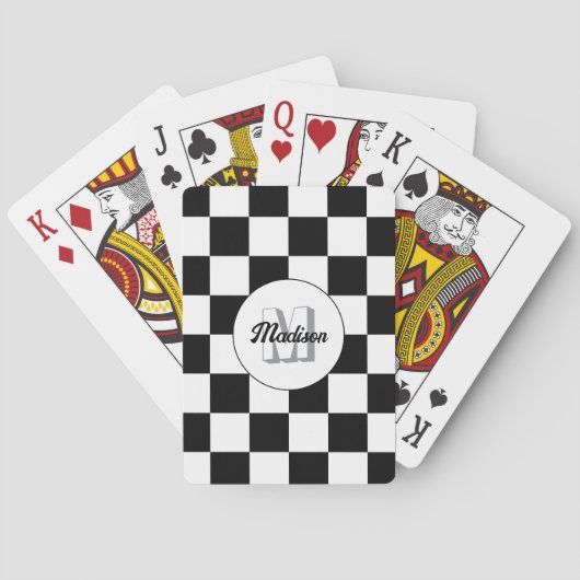 Geruite vierkanten zwart-wit retro Monogram Pokerkaarten (Achterkant)