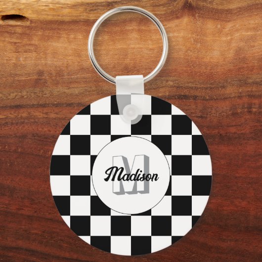Geruite vierkanten zwart-wit retro Monogram Sleutelhanger (Achterkant)