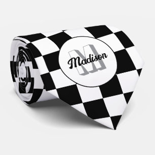 Geruite vierkanten zwart-wit retro Monogram Stropdas