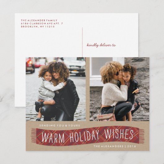 Geruite winter sjaal Kerstkaart - Baksteen Feestdagenkaart (Voorkant / Achterkant)