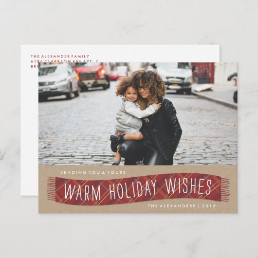 Geruite winter sjaal Kerstkaart - Baksteen Feestdagenkaart (Voorkant / Achterkant)