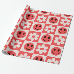 Geruite Witte Bloemen en Rode Lachende Gezichten Cadeaupapier