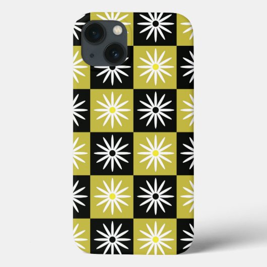 Geruite witte bloemen op zwarte gele vierkanten Case-Mate iPhone case (Achterkant)
