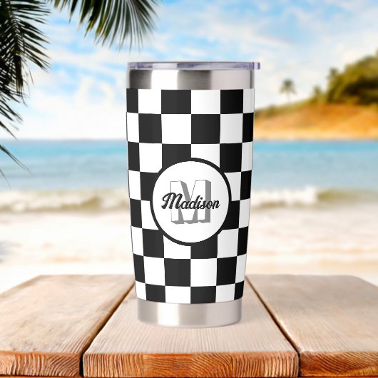 Geruite zwart-wit geometrische retro Monogram Geïsoleerde Drinkbeker (Strand)