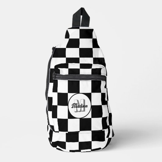 Geruite zwart-wit geometrische retro Monogram Sling Bag (Voorkant)