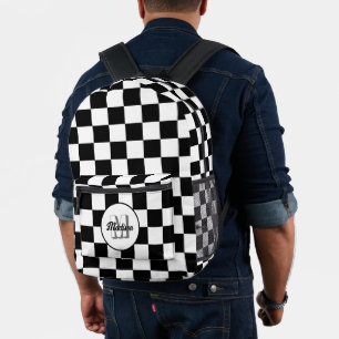 Geruite Zwarte en Witte geometrische retro Monogra Bedrukte Rugzak