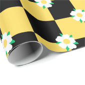 Geruite zwarte gele witte bloemen cadeaupapier (Rol Hoek)
